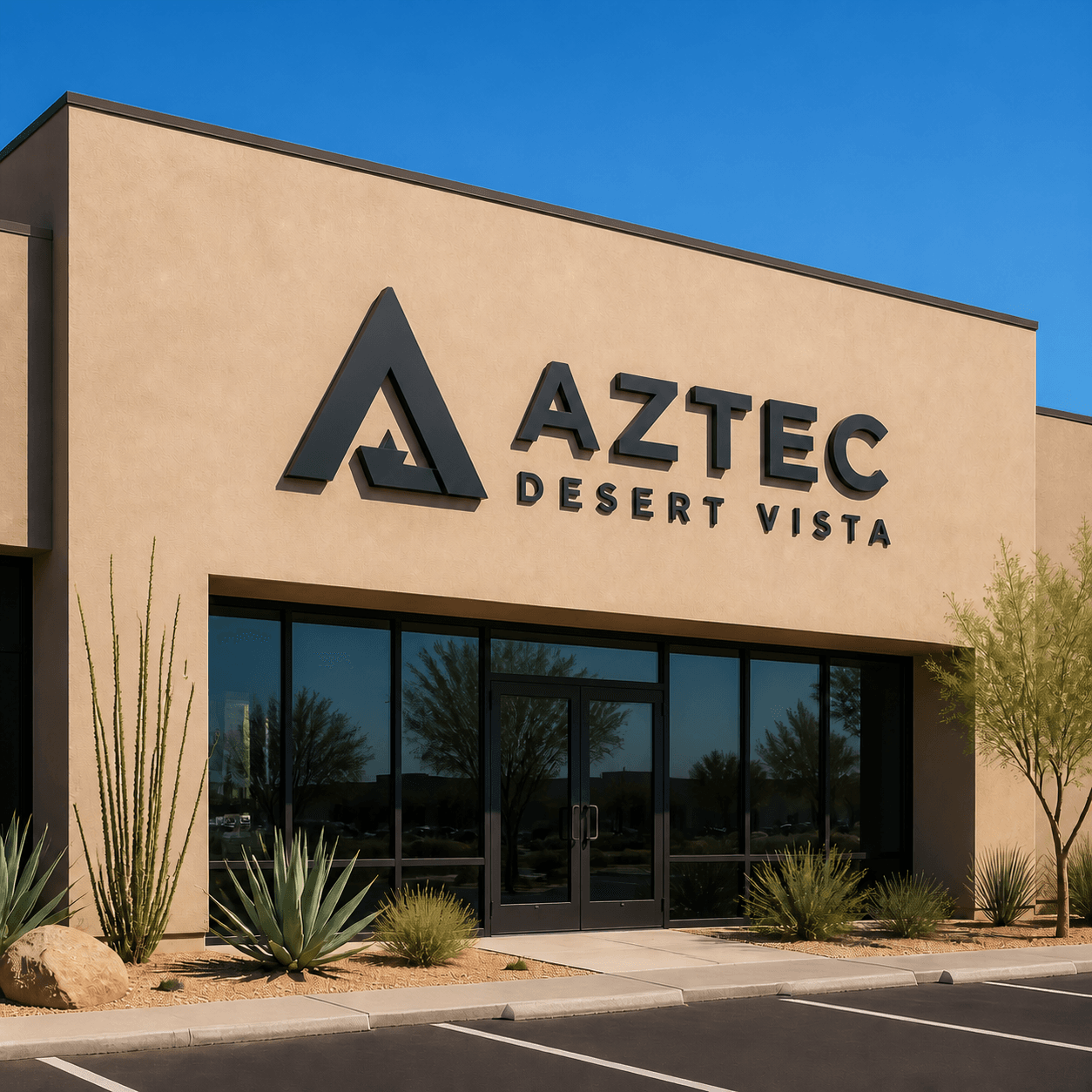 Custom aluminum flat cut letters and dimensional 3D business logo sign installed on a Tucson office wall