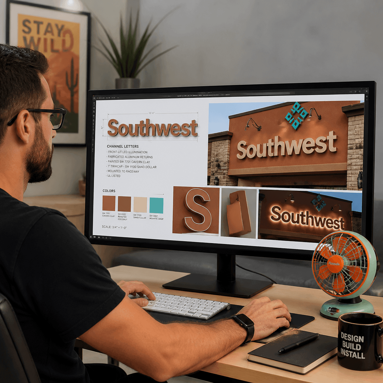 Sign Design Proof Mockup Architectural sign design mockup and site plan review for a commercial storefront channel letter installation.