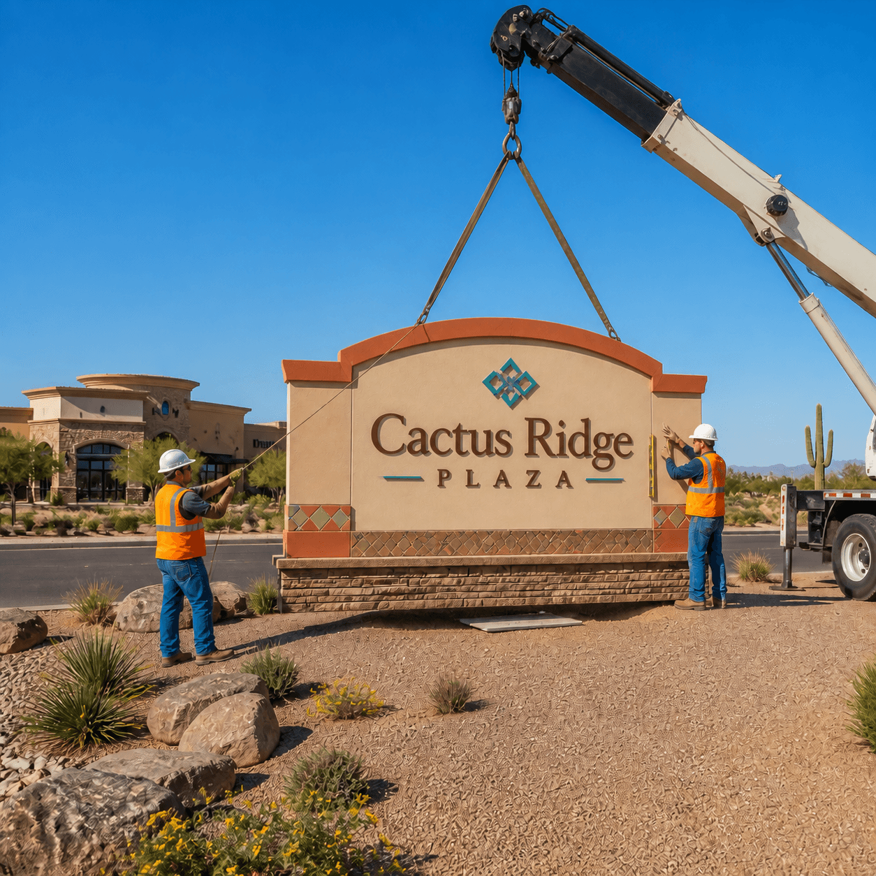 Sign Installation Installing custom monument sign using a commercial crane in the Tucson Valley.
