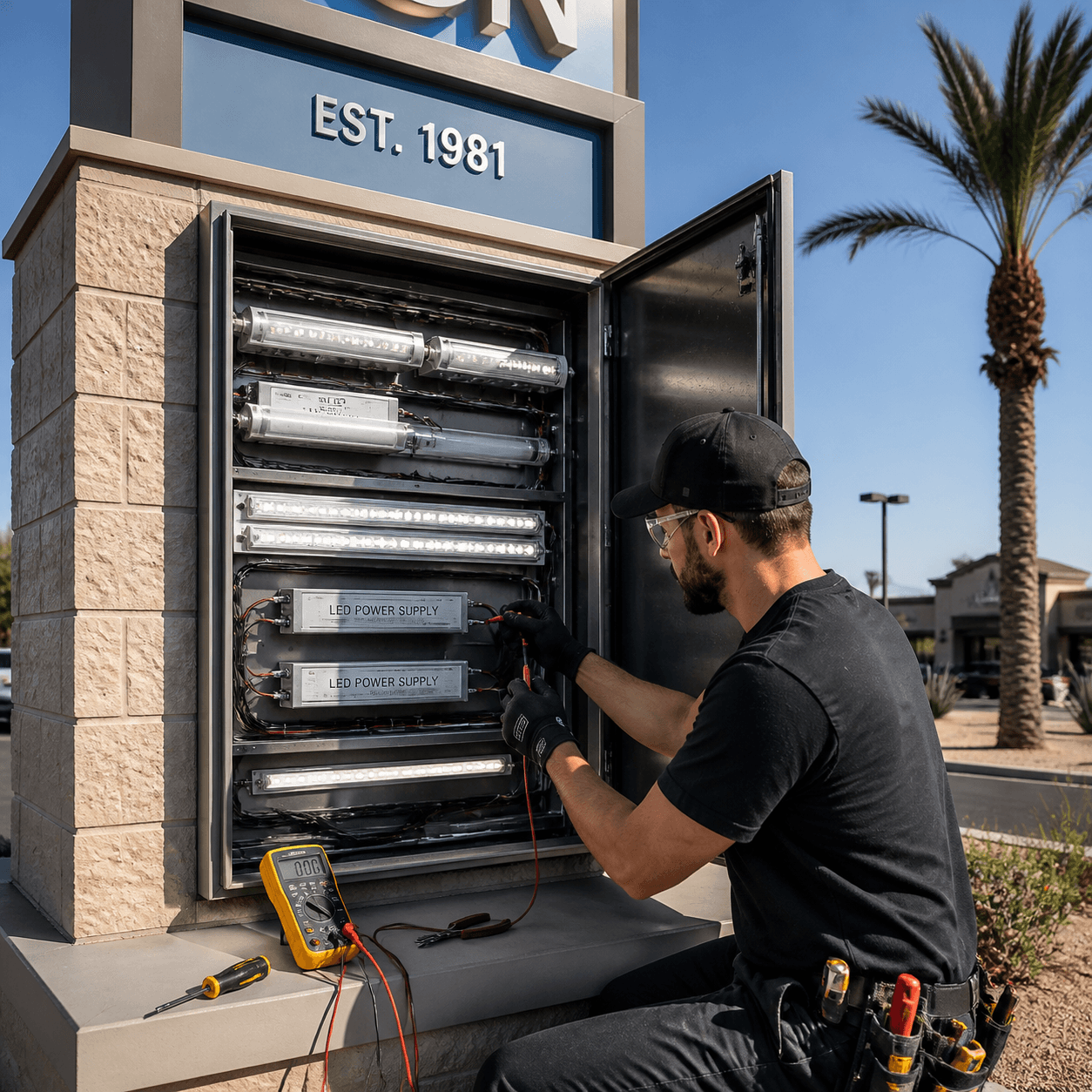 Sign Retrofit Repair Commercial sign LED retrofit and energy-efficient lighting upgrade on a retail storefront fascia in Pima County.