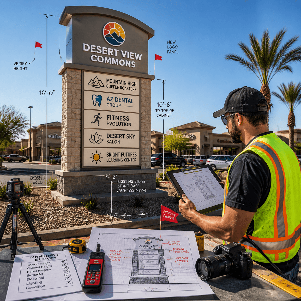 Sign Site Survey Sign survey and code compliance check for a commercial pylon sign by a licensed AZ ROC contractor in Tucson Arizona.