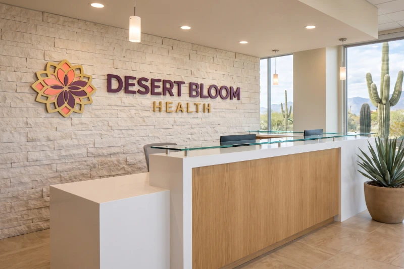 Interior-reception-sign Dimensional lobby logo sign on a stone wall behind the reception desk of a healthcare office