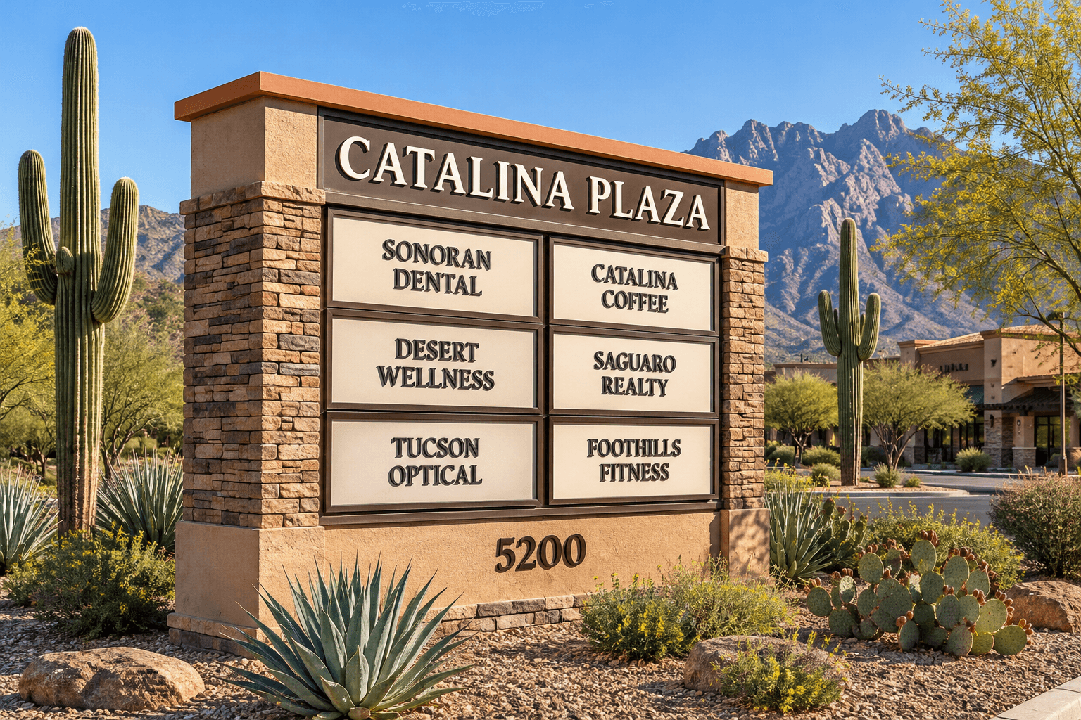 Monument-Sign-Multi-Tenant-Pima-County-AZ Multi-tenant monument sign with stacked stone columns and light tenant panels at a Pima County shopping plaza