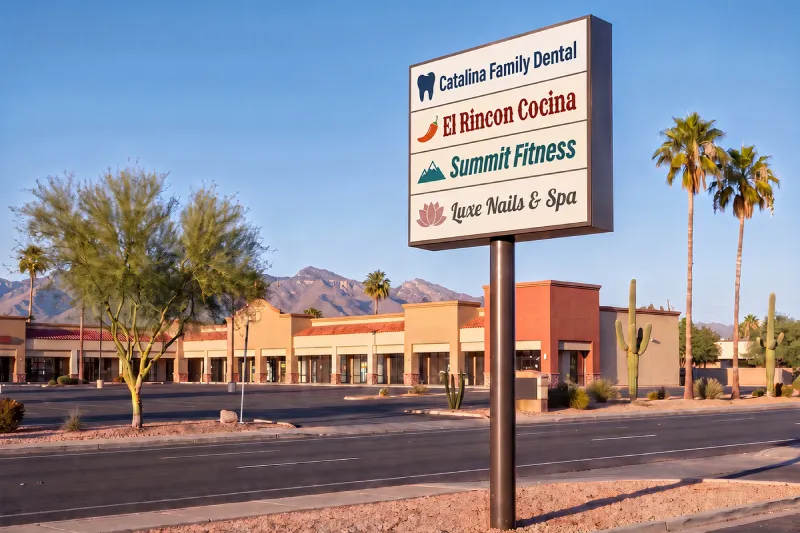 Pylon-Pole-Sign-Tucson-AZ Multi-tenant pole sign with lighted cabinet panels at a shopping center along the road