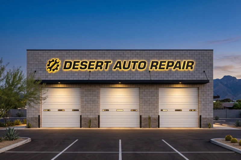 channel-flush-mount-desert-auto-repair Flush-mounted illuminated channel letters and logo on a Tucson auto repair shop at dusk