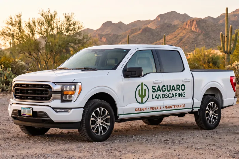 fleet-graphics-saguaro-landscaping-pickup Fleet graphics and vinyl door lettering on a white pickup truck for a Tucson landscaping company