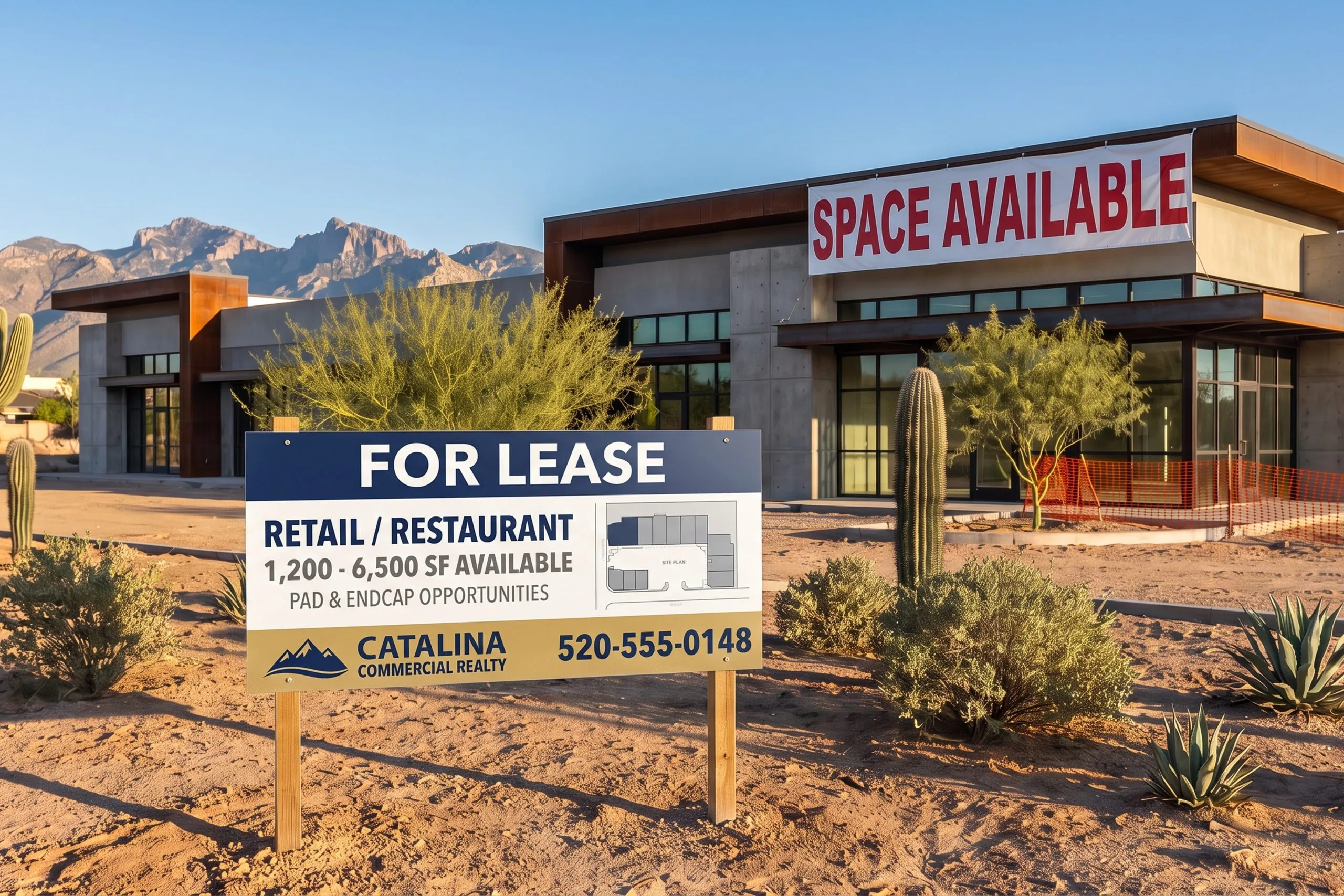 job-site-signs-leasing-sign-banner Commercial for-lease job site sign and vinyl Space Available banner at a new Tucson retail building